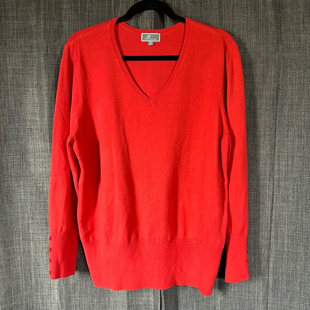 JM collection red vneck sweater with button cuffs size XL